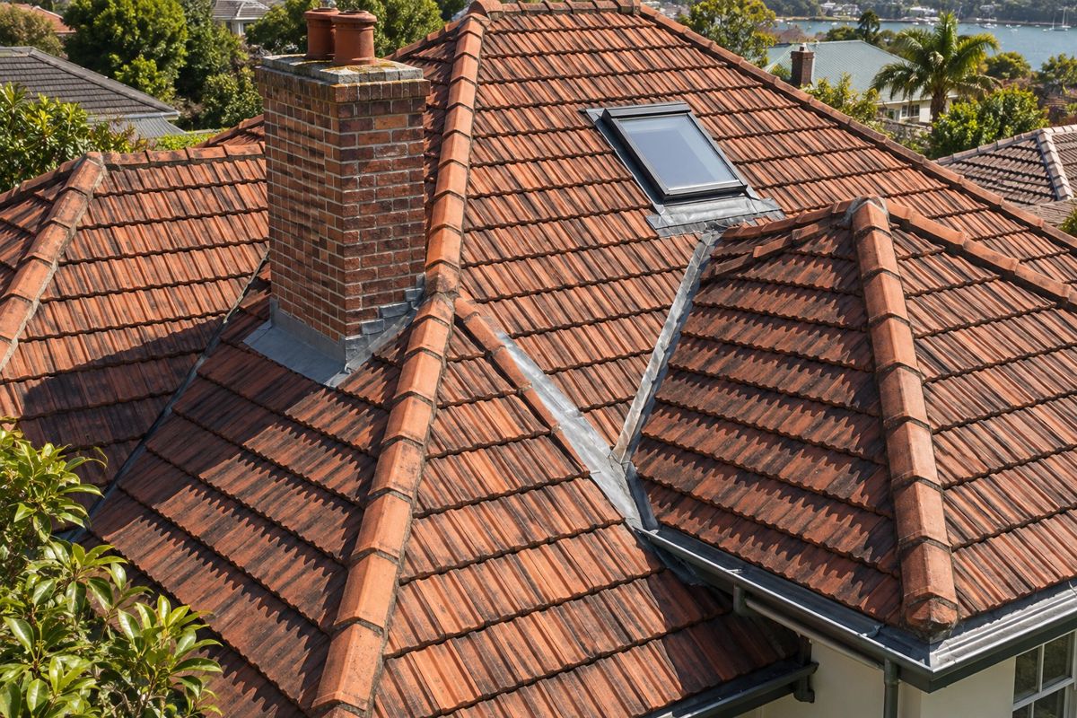 Complex tiled roof with hips, valleys, chimney and skylight in Sydney