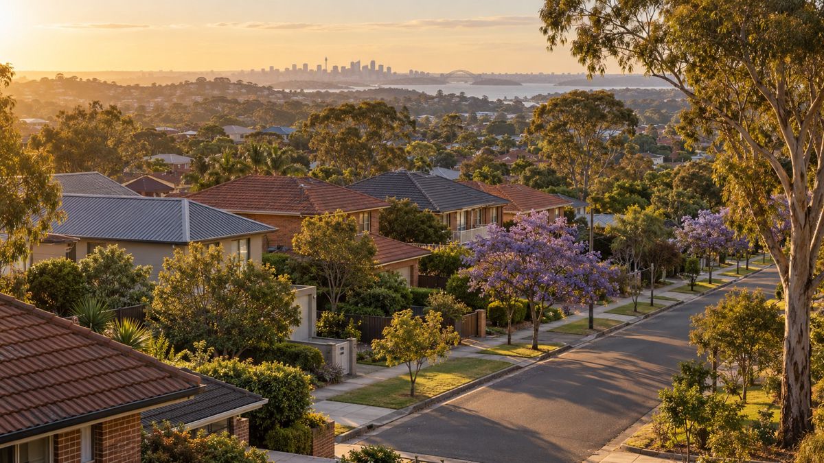 Sydney suburban street with tiled and metal roofs in golden light