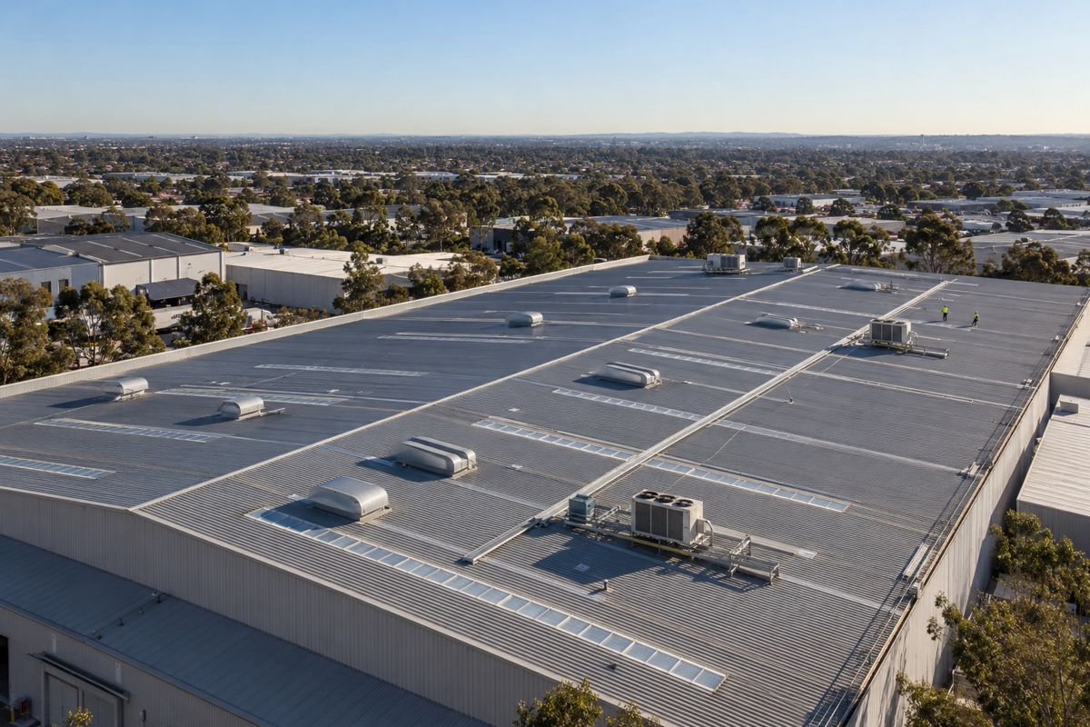 Large Sydney warehouse with profiled metal roof, skylights and vents