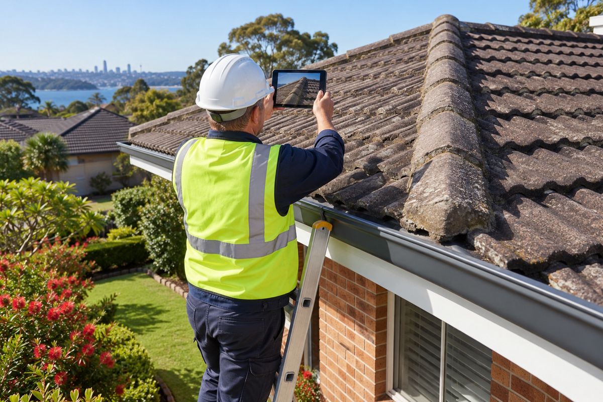 Inspector on a ladder photographing the roof of a Sydney house