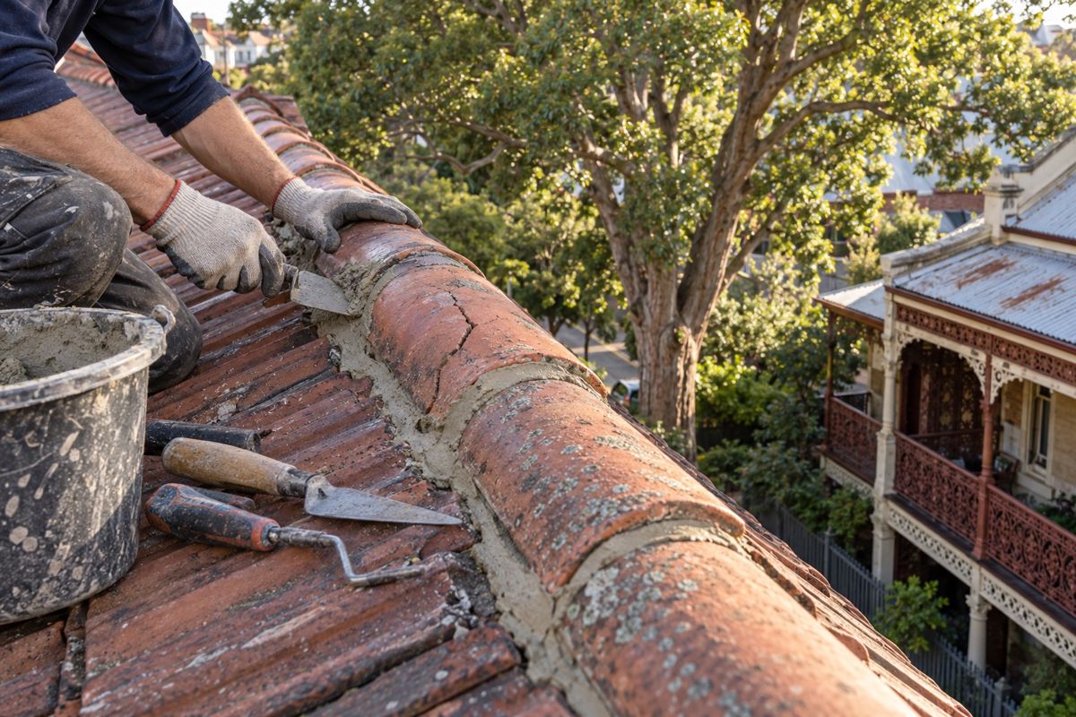 Roofer's hands repairing a cracked terracotta ridge cap on an older Sydney house