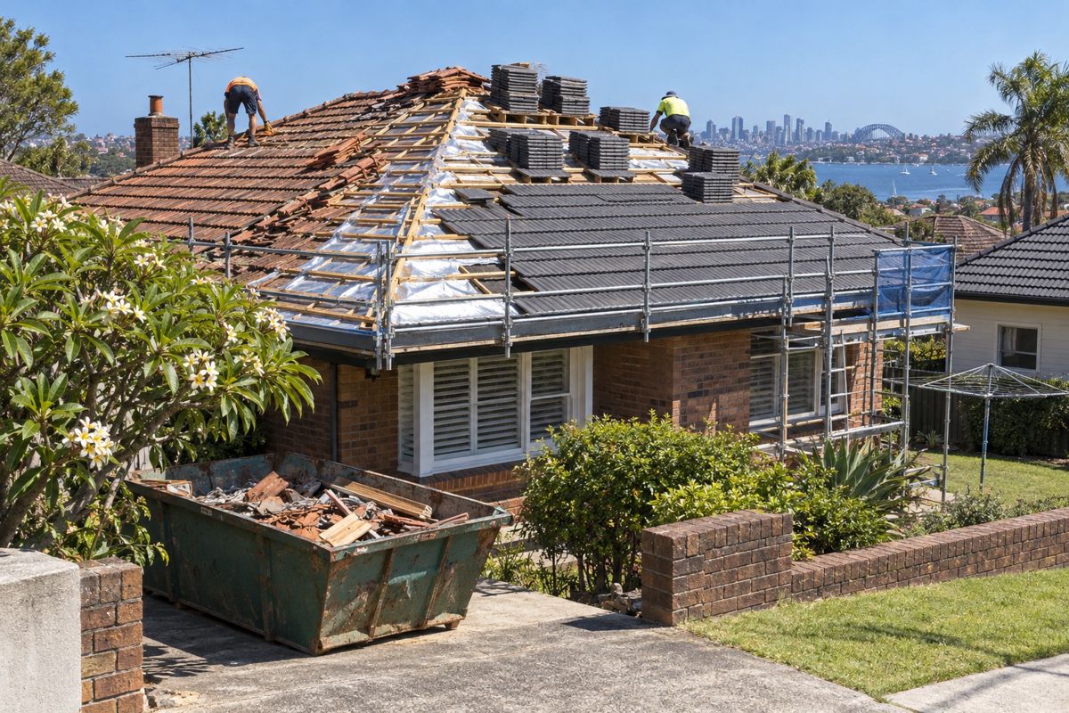 Old tiles being stripped and new tiles laid on a Sydney house