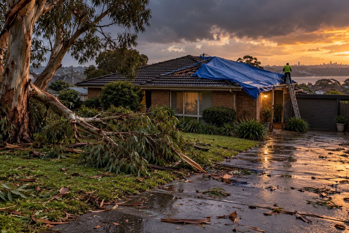 Tarpaulin over storm damaged tiles on a Sydney brick house